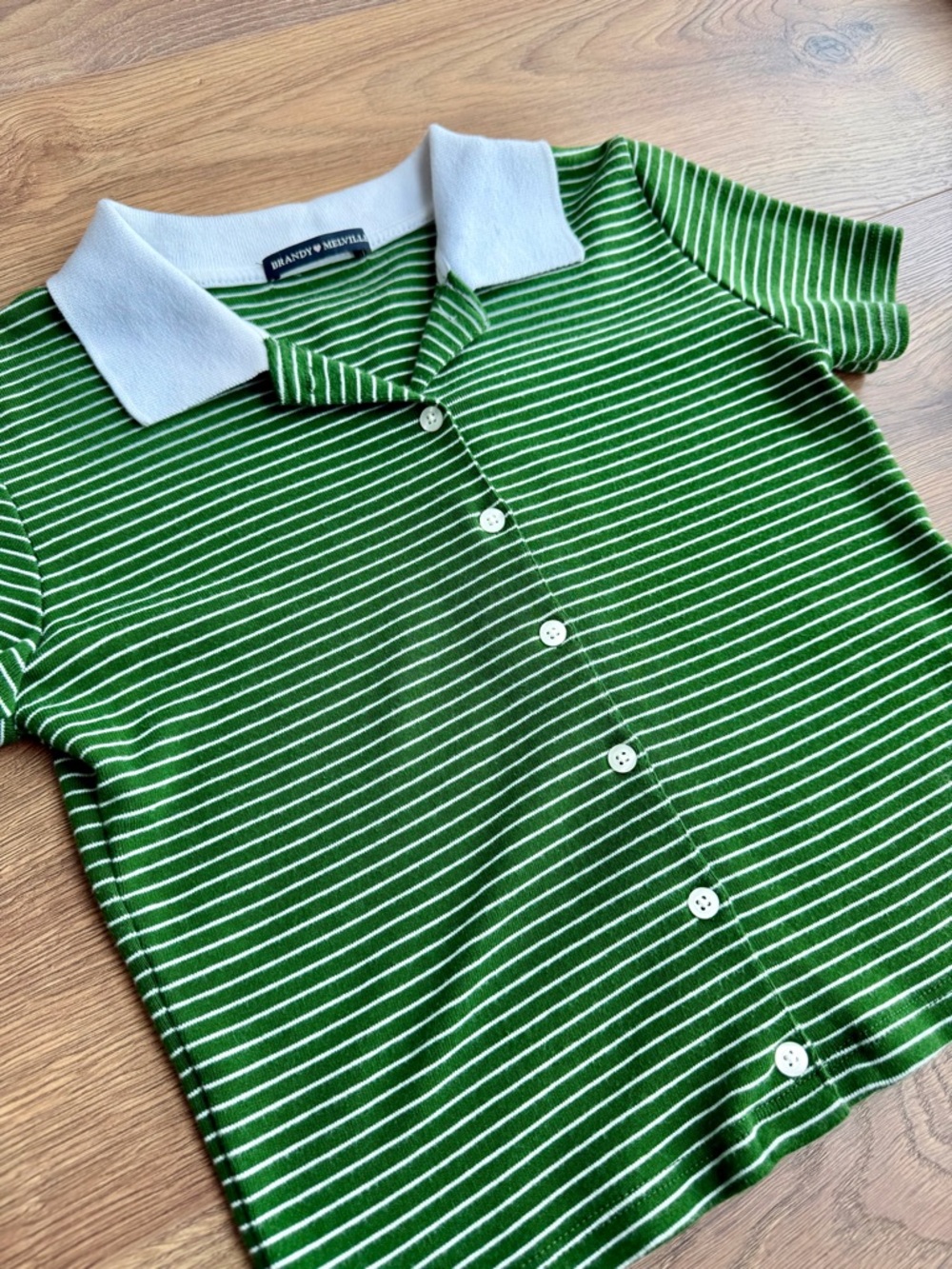 Brandy Melville Green Striped Polo Top Button Front Fitted Baby Tee